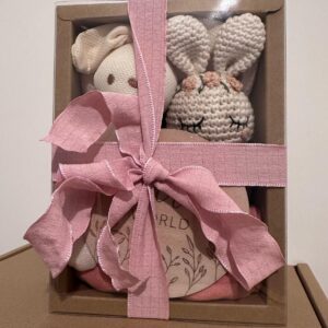 baby shower gift box, newborn gift box, baby gift box set with animal crochet rattle, baby rattle set, welcome box baby