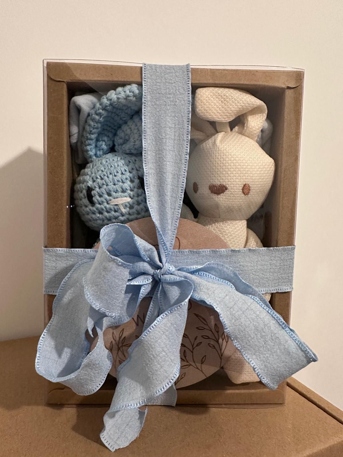 baby shower gift box, newborn gift box, baby gift box set with animal crochet rattle, baby rattle set, welcome box baby