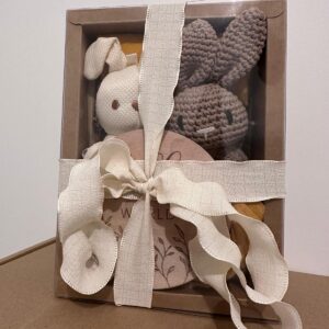 baby shower gift box, newborn gift box, baby gift box set with animal crochet rattle, baby rattle set, welcome box baby